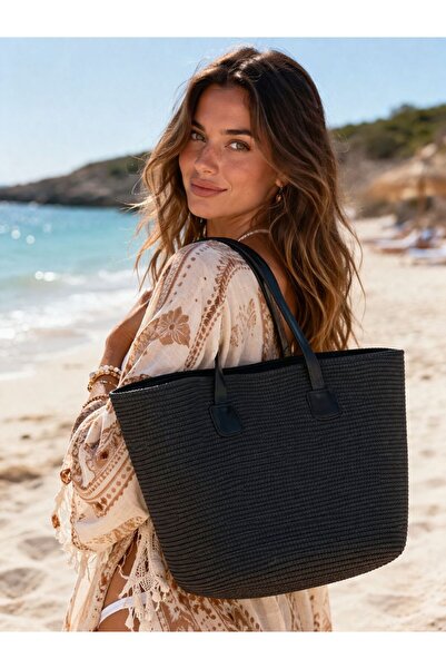 BALIENTE Ψάθινη γυναικεία τσάντα με μαύρη δερμάτινη λαβή