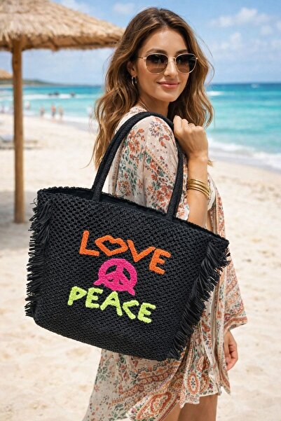 BALIENTE Μαύρη Κεντημένη Ψάθινη Γυναικεία Τσάντα