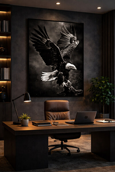 BiTablom Lüks Siyah Beyaz Kartal Cam Tablo – Ofis, Salon ve Yönetici Odası Du...
