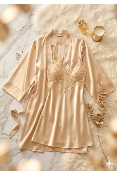 Loule Set de cămașă de noapte și halat din satin auriu pentru femei - Detalii...