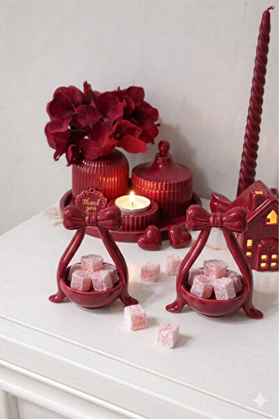 YSR HOME 2li Bordo Fiyonk Tasarım Lüks Sunumluk Seti - Kahve Yanı Lokumluk, Ç...