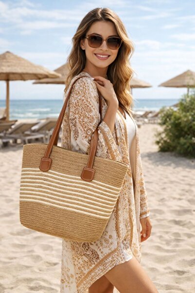 BALIENTE حقيبة نسائية من القش بمقابض من جلد الجمل وتفاصيل خطية