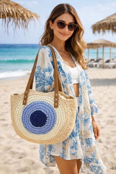 BALIENTE Ψάθινη γυναικεία τσάντα με δερμάτινο λουράκι σε χρώμα εκρού και λεπτ...