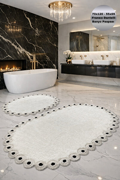 Modernsoft Noctra Krem Oval Fransız Dantelli Deri ve Kaymaz Tabanlı Şık Banyo...