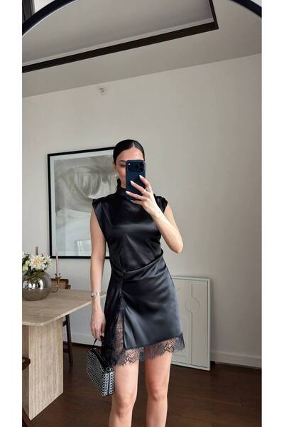 LOKADI Kadın Siyah Dantel Detaylı Saten Mini Gece Elbisesi Yırtmaçlı Şık Dave...