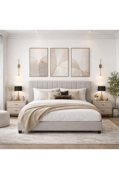 BedBoss Hannah Fabric Upholstered Bed Beige Solid Wood