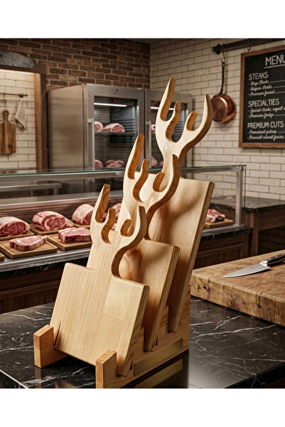 BOZKURT CNC Wooden Set of 3 Decorative Cutting and Presentation Boards with Reindeer Antlers