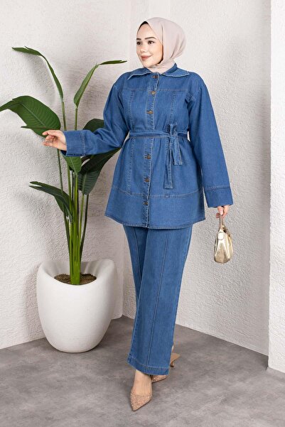 MİSSKAYLE Costum din denim cu nasturi și curea – Croială lejeră, combinație d...