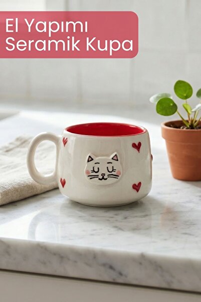 Pawicci Seramik Kedi Desenli Kupa, El Yapımı Doğal Kupa, 200 ml Çay Kahve Kupası