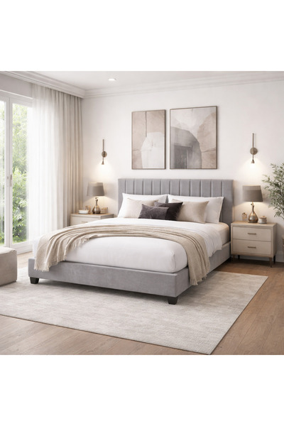 BedBoss Hannah Fabric Upholstered Bed Grey Solid Wood