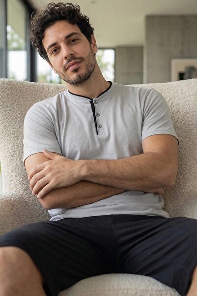 Pijamaevi Urban Mist Elegant Men's Pajama Set with Pat Detail on Shorts