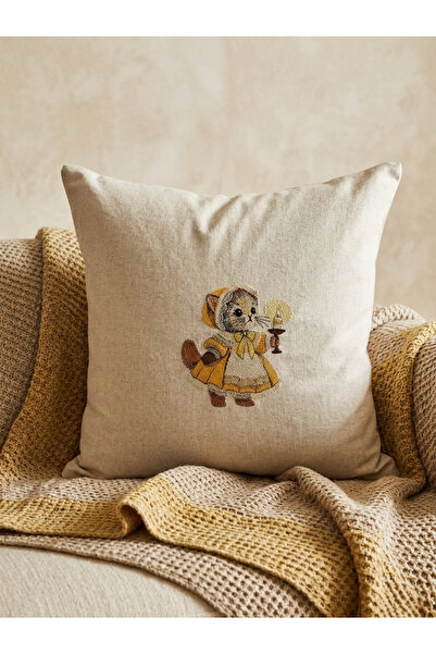LİONYA DESİGN Vintage Kedi Nakışlı Pamuk-Keten Kırlent Kılıfı – Doğal Dokulu ...
