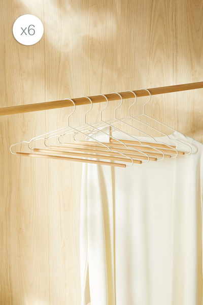 Ocean Home Textile 6'lı Ahşap Destekli Ekru Renk Metal Elbise Kıyafet Askısı,...