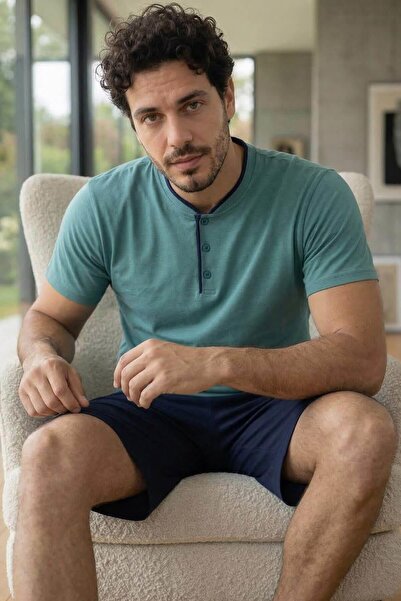 Pijamaevi Muted Aqua Shorts and Pat Detailed Elegant Men's Pajama Set