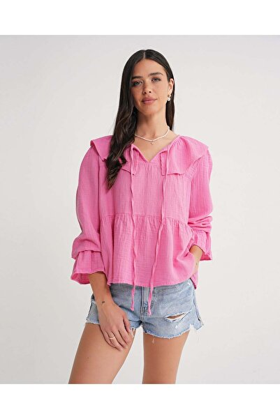 Mixray 4714 Women's Flounce Collar Loose Muslin Blouse Pink