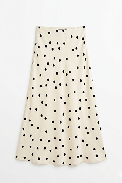 MAGARDE New Season Polka Dot Patterned Satin Midi Skirt - Beige