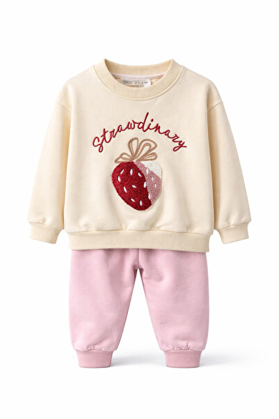 CQCQ Girl's Cream Strawberry Embroidered Tracksuit Set