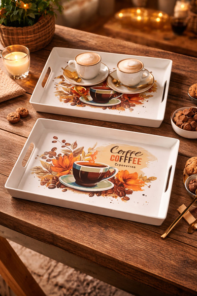 No branded 2’li Kahve Temalı Sunum Tepsisi 30x20 cm | Dekoratif Servis Tepsis...