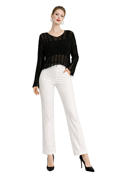 ModaAzen Black Openwork Tasseled V-Neck Seasonal Cotton Women's Knitwear Blouse