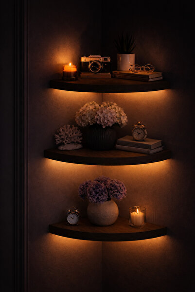 DUDECOR 3 lü Işıklı Duvar Rafı (20 cm) – Ledli Salon ve Oturma Odaları İçin Ş...