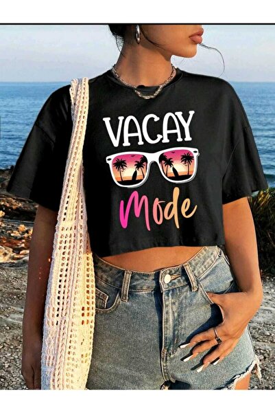 LOTS MODA Νέα σεζόν εμπριμέ υφασμάτινο crop μπλουζάκι