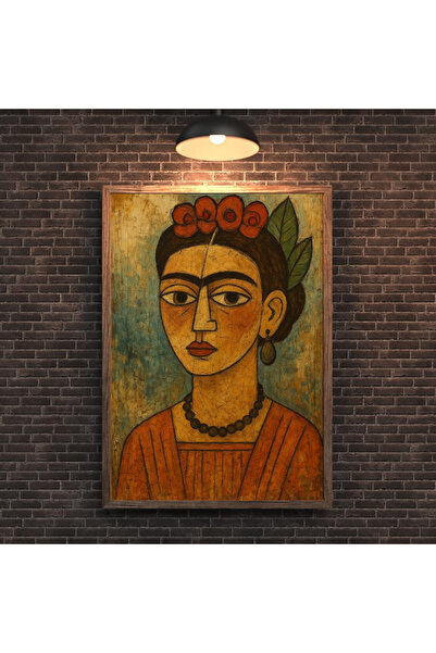 Tuba Decor Tablou Frida Kahlo antic, înrămat într-o singură bucată de lemn