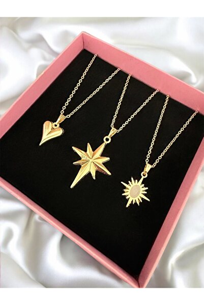 Gold Color 3 Star Sun Heart Combination Set Necklace