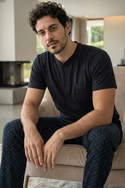 Pijamaevi Σετ Ανδρικών Πιτζάμες Κομψό σε Μαύρο Μεσάνυχτα με Κοντά Μανίκια και...