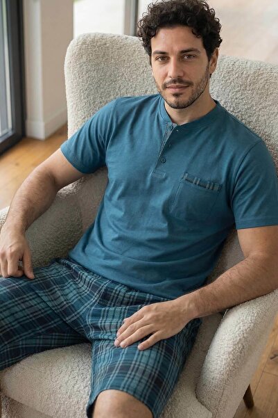 Pijamaevi Urban Teal Elegant Men's Pajama Set with Patch Detail on Shorts