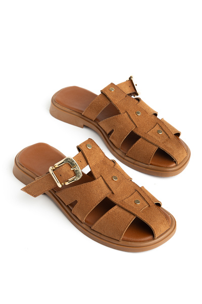 Entella Store Nora Women's Caramel Suede Gold Buckle Detailed Daily Comfortab...