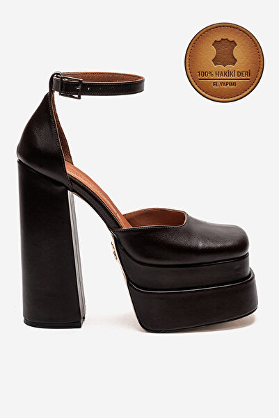 Ayakkabı Ateşi Γνήσιο δέρμα Γυναικεία Καφέ Δερμάτινα Παπούτσια με Διπλή Πλατφ...