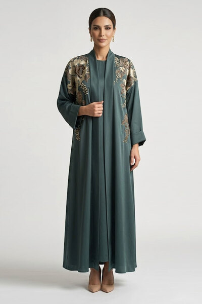 Muchmy 2 Pieces Premium Modest Wear Abaya With Inner Set Green Elegant Embroi...