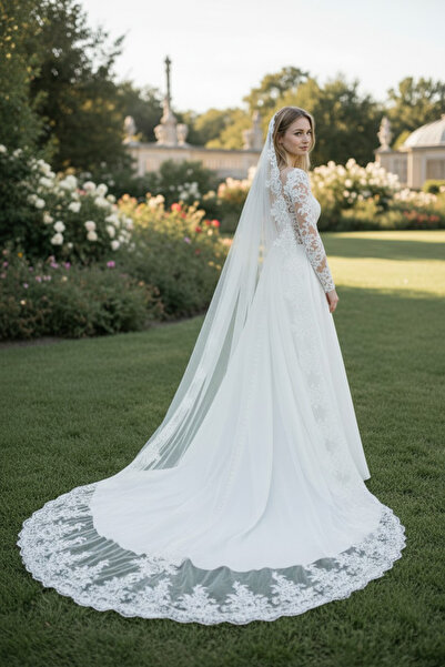 GÖKŞİN MODA Rahibe Duvak Geniş Gipür İşlemeli 3 metre Boy 1,5 metre eninde