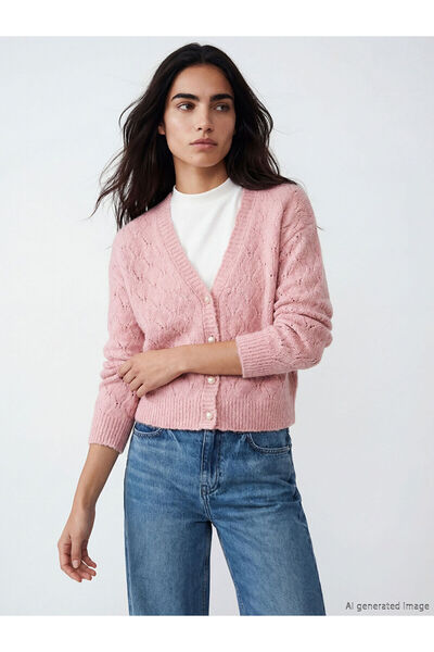 LC Waikiki Lcw Vision Pink V-Neck Openwork Women's Knitwear Cardigan with Nev...