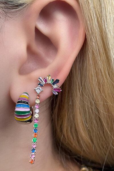 Kokoş Silver Color Stone Detailed Vip Set of 3 Ysx Earrings