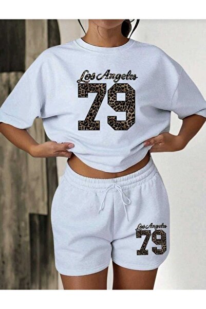 DİVİN New York Printed Oversize Top-Bottom Set Black Bartik Shorts T-Shirt