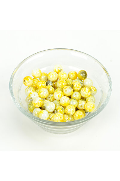yfhobi 25 Gram- 8 mm Sarı Renk Ebruli Desen Model Yuvarlak Cam Boncuk, 1. Kal...
