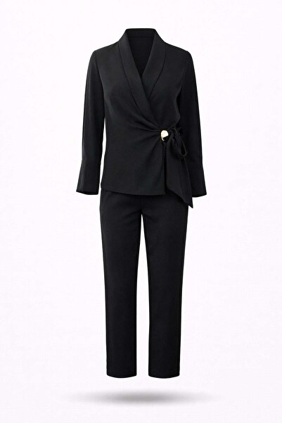 5in1Canpolat Black Double-Breasted Collared Blouse and Trousers Set 00149
