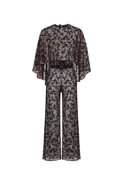 TIME MUSE LIORA Kadife Efektli Flok Baskılı Tül Pelerin Takım