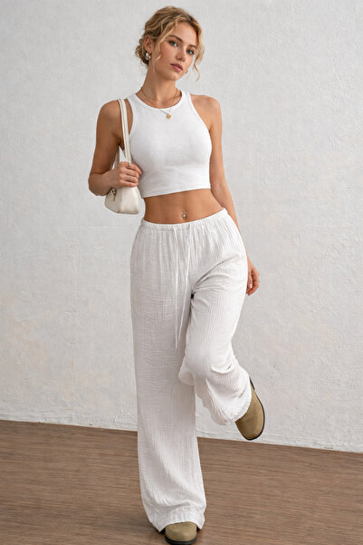 LUMSHİNE Kadın Siyah Gofre Nefes Alan Kumaş Yazlık Bol İspanyol Paça Yüksek B...