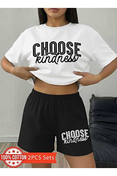 MİDAD Choos Printed Black Shorts T-Shirt Set Oversize Crew Neck T-Shirt Set U...