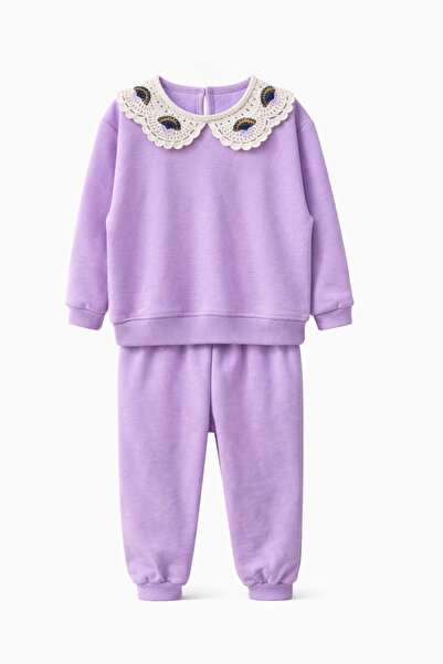 CQCQ Κοριτσίστικο Σετ Φόρμας με Δαντελένιο Γιακά σε Λιλά Χρώμα