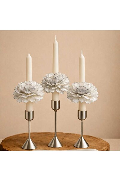 mayaluxe Gümüş Şakayık Detaylı Beyaz Şamdan Mum (3lü sadece mum)– El Yapımı D...
