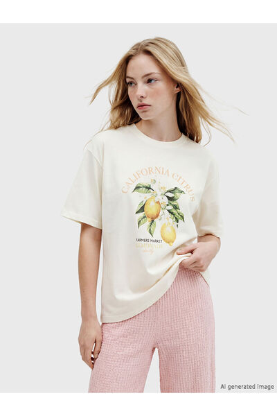 LC Waikiki NEVAVM Farkıyla XSIDE Μπεζ γυναικείο μπλουζάκι California με στάμπ...