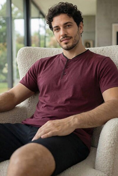 Pijamaevi Royal Bordeaux Elegant Men's Pajama Set with Pat Detail on Shorts