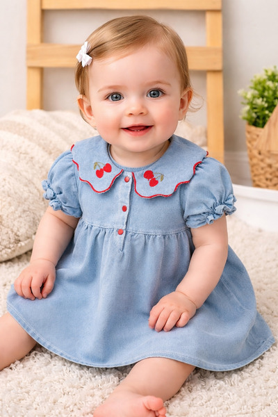 Baby Buu Kız Bebek Kiraz Nakışlı Kot Elbise – Yakalı, Düğmeli, Yazlık Şık Mod...