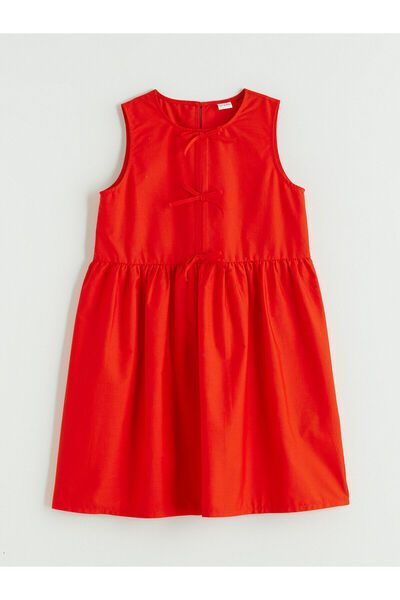 LC Waikiki Nevavm Girls' Poplin Dress with Oval Collar and Bow Detail