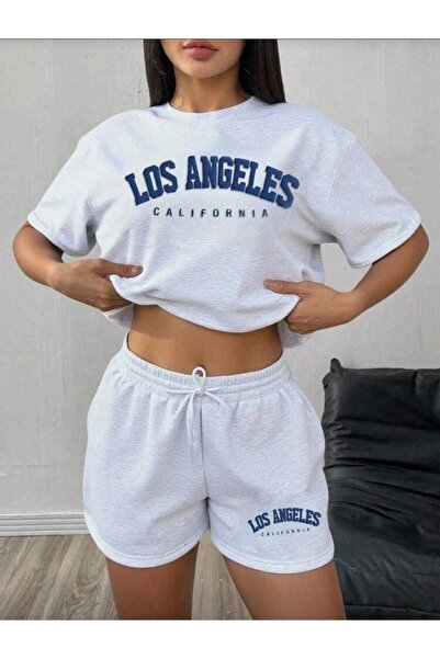 DİVİN New York Printed Oversize Top-Bottom Set Black Bartik Shorts T-Shirt