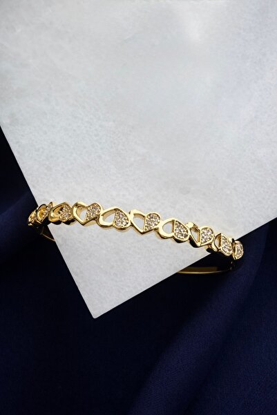 EMKSHOP Zirkon Taşlı Kalp Figürlü Gold Renk Çelik Kelepçe Bileklik