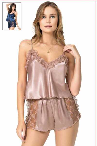 NOOALA GİYİM Saten ve Fransız Dantel Detaylı İkili Şortlu Pijama Takımı